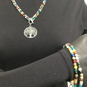 Agate Gemstones 2 Piece Set Multi Strand Large Pendant + Matching Bracelet